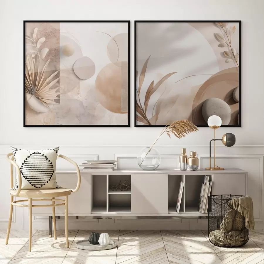 Papier peint photo Deux toiles avec des feuilles séchées et des formes texturées d00893