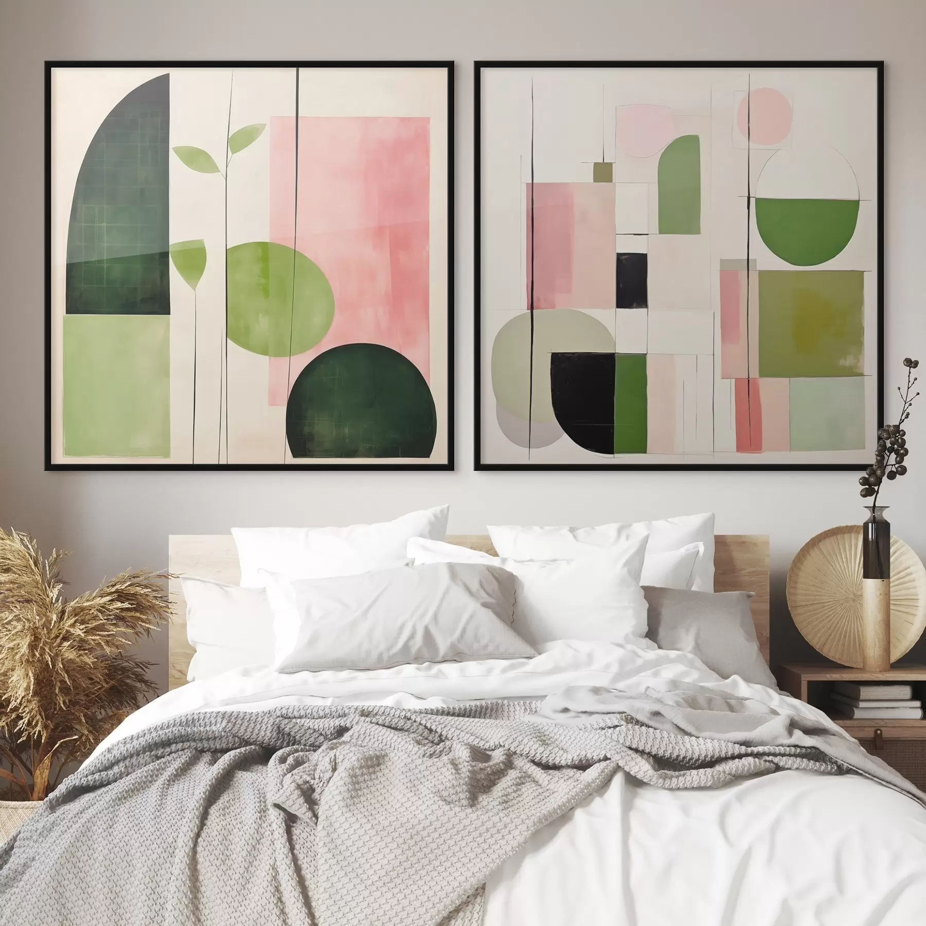 Fotobehang Minimalistisch tweeluik met gestileerde flora en geometrie d00894