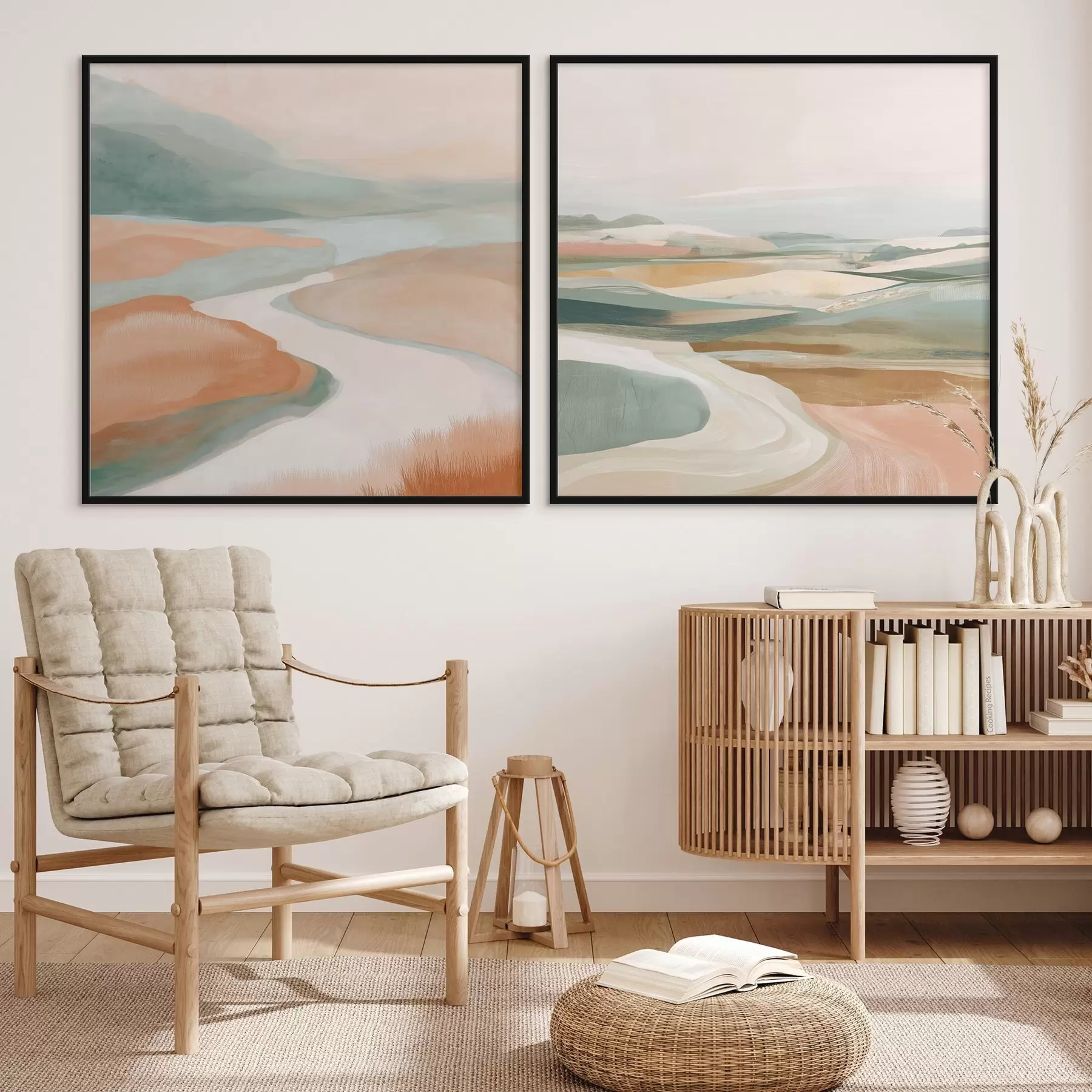 Fotobehang Abstracte heuvels en rivier in pastelkleuren d00896