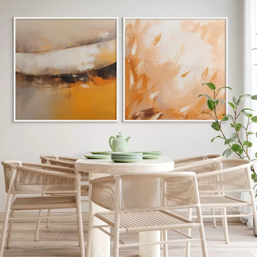 Papier peint photo Diptyque abstrait dans un style huileux avec des tons jaune-orange et noir d00897