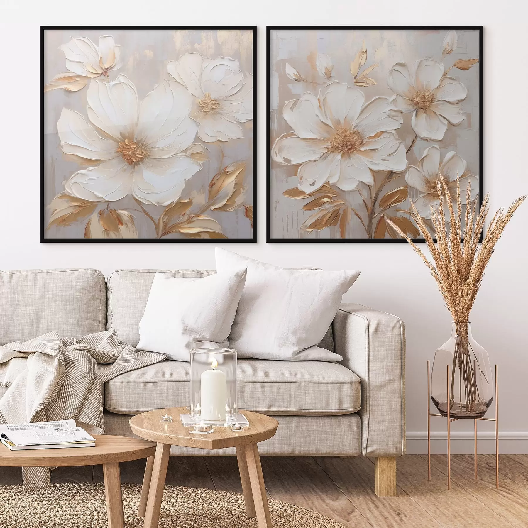 Papier peint photo Diptyque avec de grandes fleurs aux couleurs chaudes et claires d00927