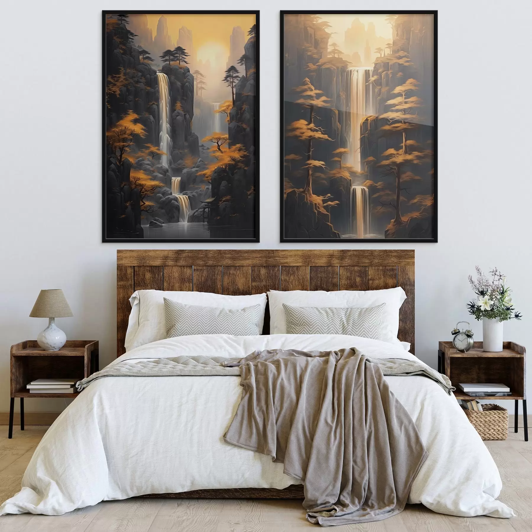 Fotobehang Landschap met waterval en bergen in gouden licht d00928