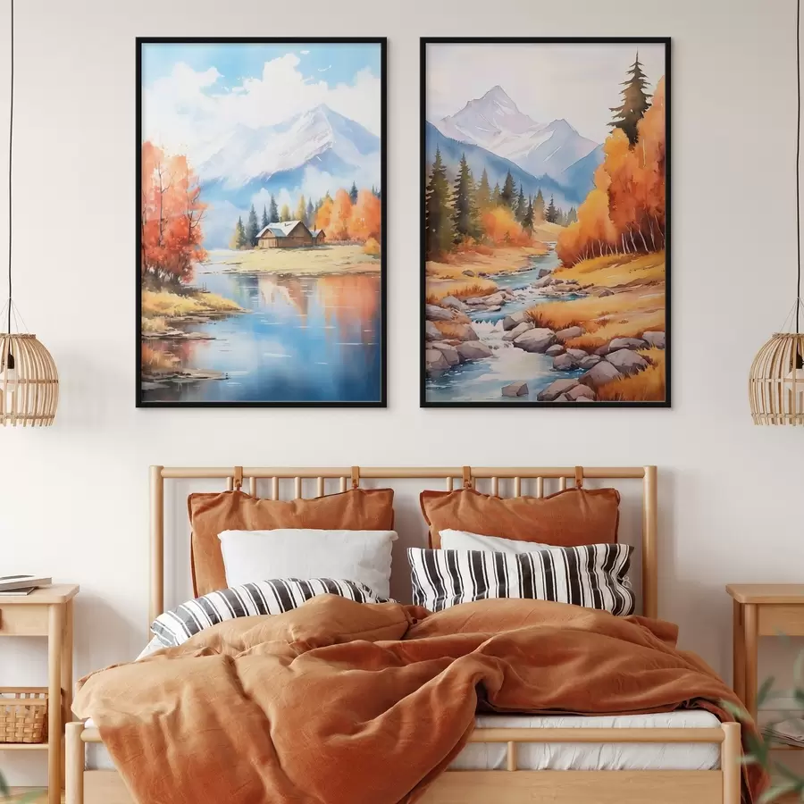 Papier peint photo Paysage montagneux automnal avec lac et rivière d00929