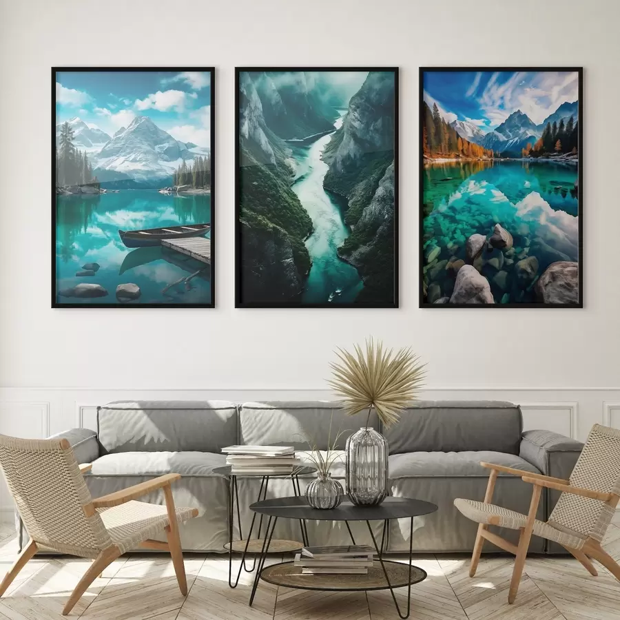 Papier peint photo Lacs alpins et vues sur les fjords dans des tons bleu sarcelle frais d00961