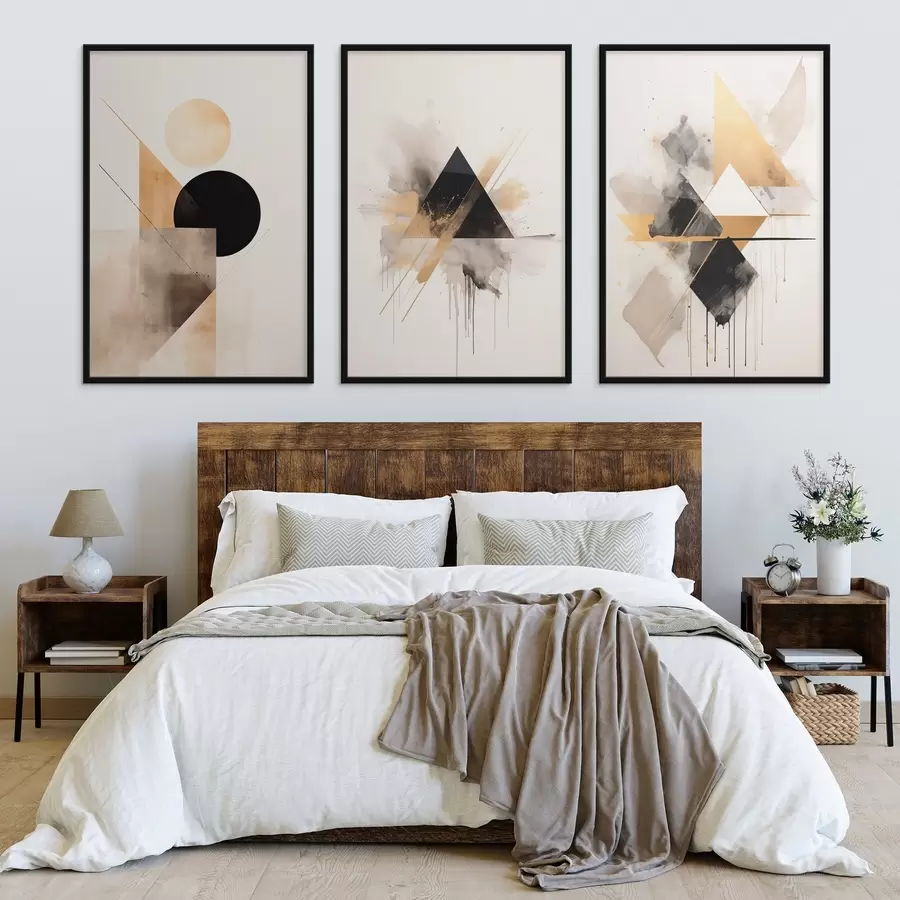 Papier peint photo Triangles géométriques avec éclaboussures d'encre, noir et ocre d00963