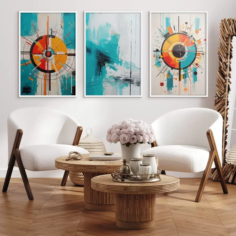 Papier peint photo Abstrait radial avec éclats bleu sarcelle et orange d00973