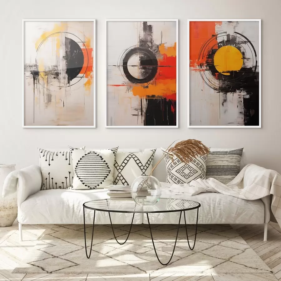 Papier peint photo Cercles texturés et traits audacieux en noir, ocre et orange d00974