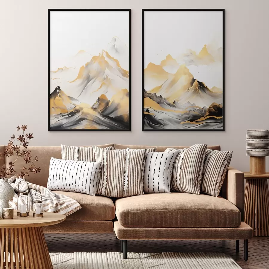 Papier peint photo Montagnes texturées jaunes et noires aux sommets enneigés, style peinture à l'encre, chaîne de montagnes minimaliste d01002