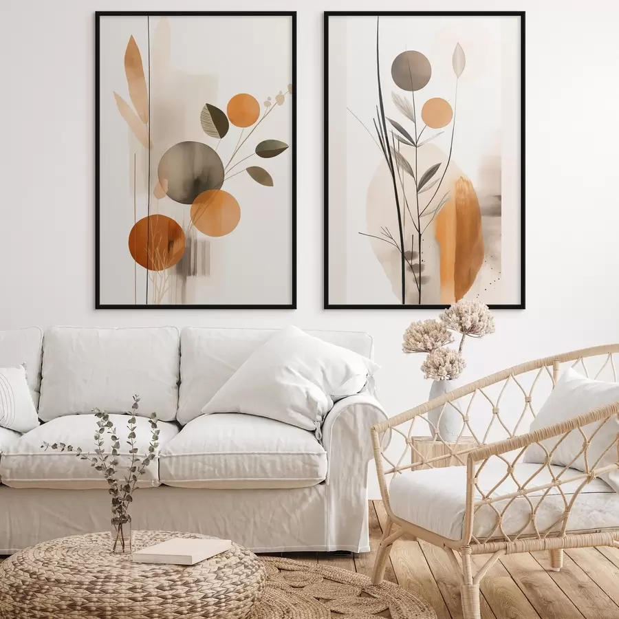 Papier peint photo Imitation de peinture abstraite avec des cercles orange et gris, des feuilles et des branches, style moderne, effet aquarelle d01009