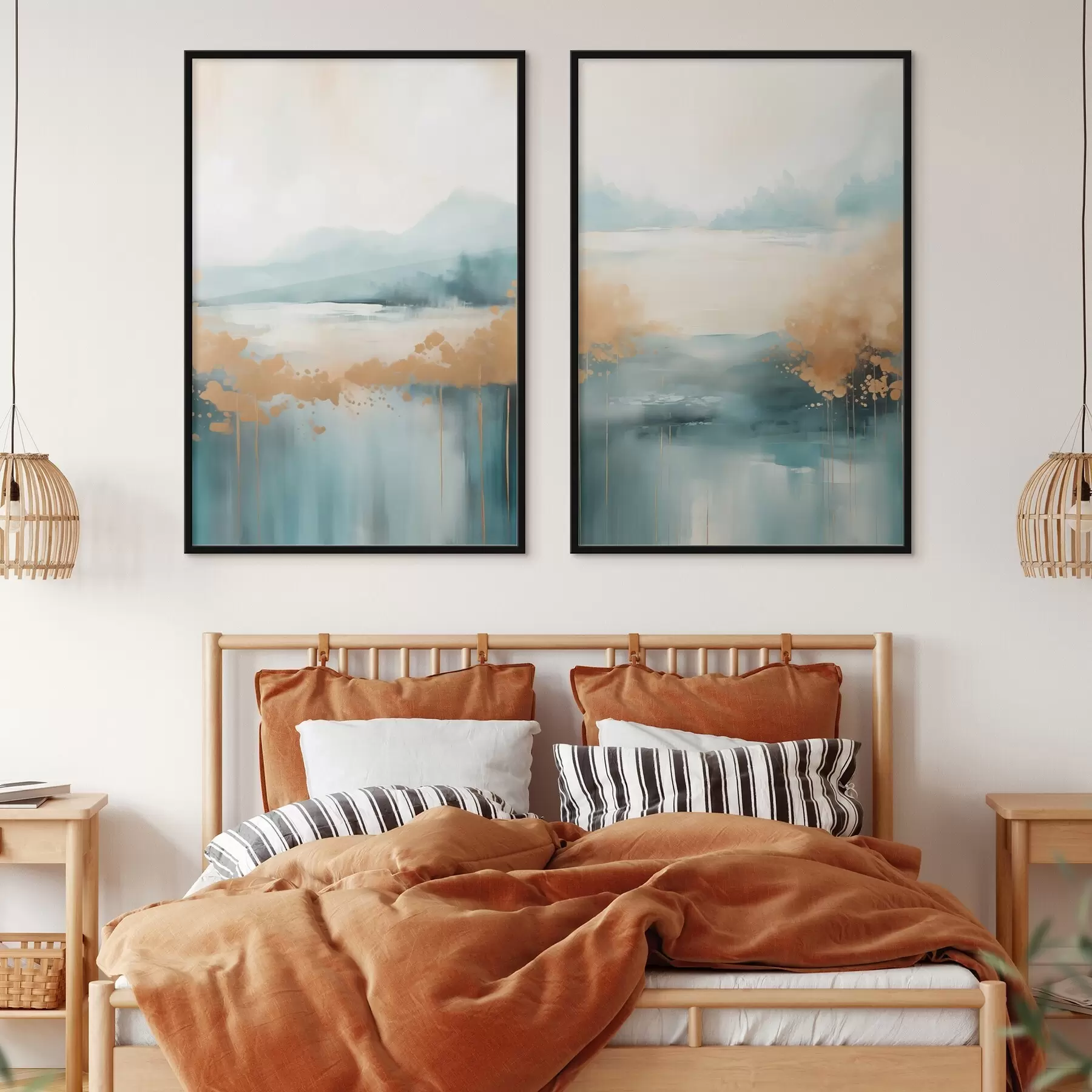 Fotobehang Abstract landschap met bergen en meer in blauwgroen en gestructureerd geel, zachte penseelstreken, minimalistisch kunstwerk d01012