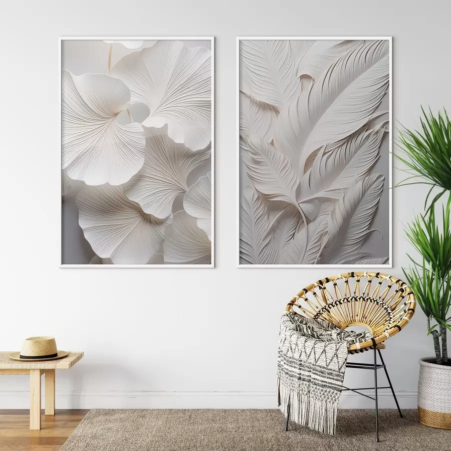 Papier peint photo Feuilles de ginkgo blanches et longues feuilles aux détails complexes, créant un effet texturé et stratifié, art minimaliste. d01013