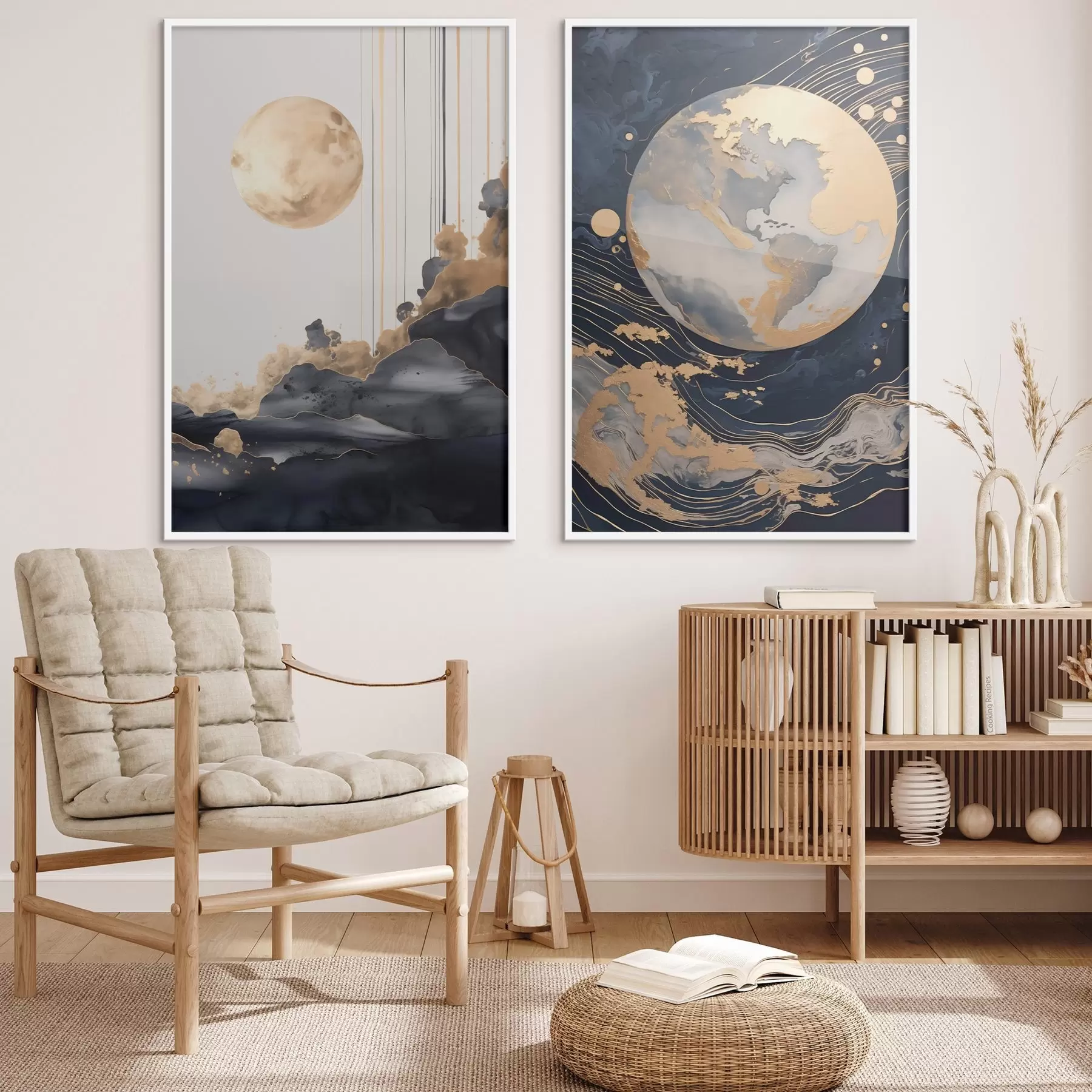 Fotobehang Textuurdecoratieve planeet in de ruimte met gele lijnen en stippen, abstracte stijl, minimalistisch en modern d01014