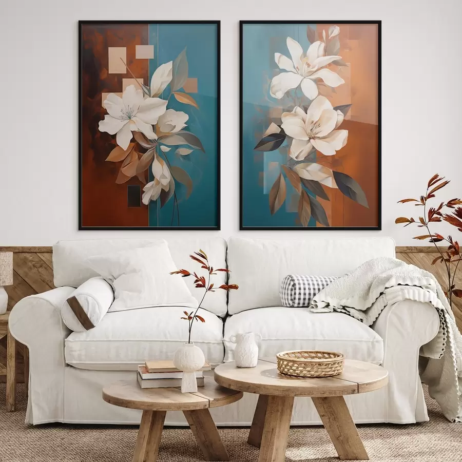 Papier peint photo Fleurs et feuilles blanches abstraites sur fond brun et bleu avec des formes abstraites, dans un style minimaliste. d01015