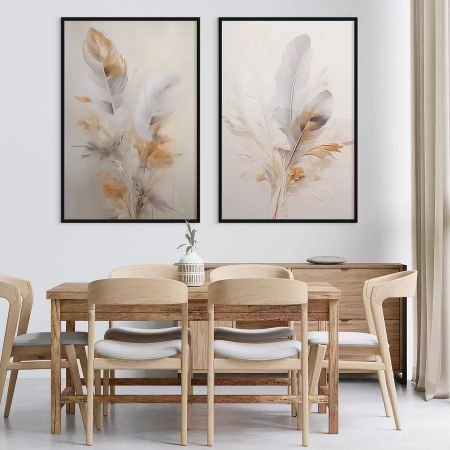 Papier peint photo Plumes abstraites, entourées de plumes beiges et brunes, douces et délicates, sur un fond beige clair. d01016