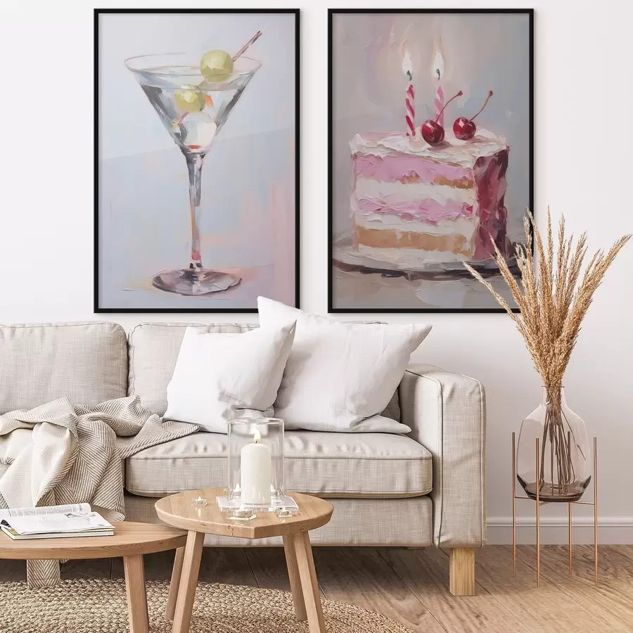 Papier peint photo Une peinture représentant un verre avec une boisson et un morceau de gâteau d01019