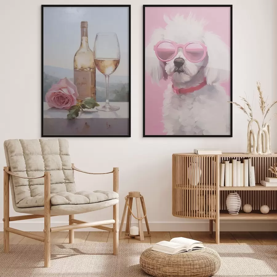 Papier peint photo Une bouteille, un verre de vin et un caniche portant des lunettes, peinture imitation d01021