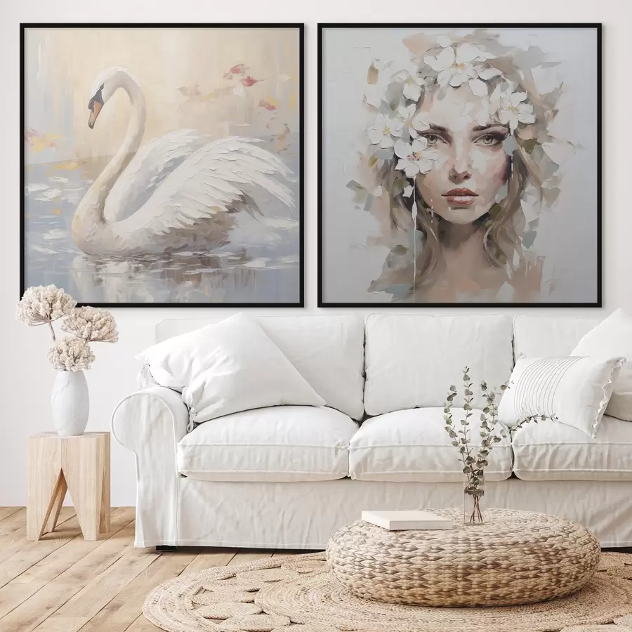 Papier peint photo Cygne et portrait d'une jeune fille, imitation de peinture d01030