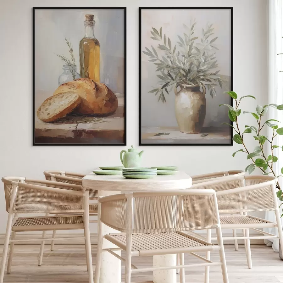 Papier peint photo Branches d'olivier dans un vase, pain et bouteille d'huile, imitation peinture d01035