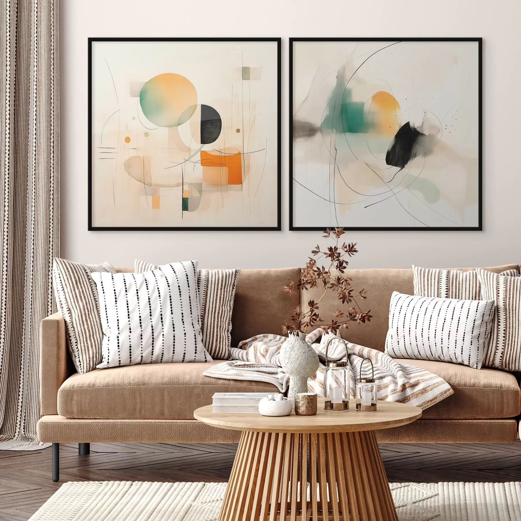 Papier peint photo Diptyque abstrait avec des formes circulaires et des lignes dynamiques d00981