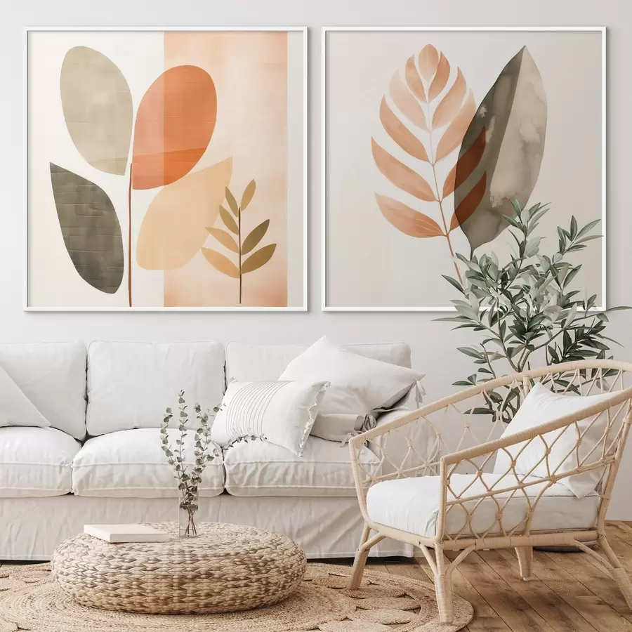 Papier peint photo Diptyque avec motifs botaniques dans une palette pastel d00983