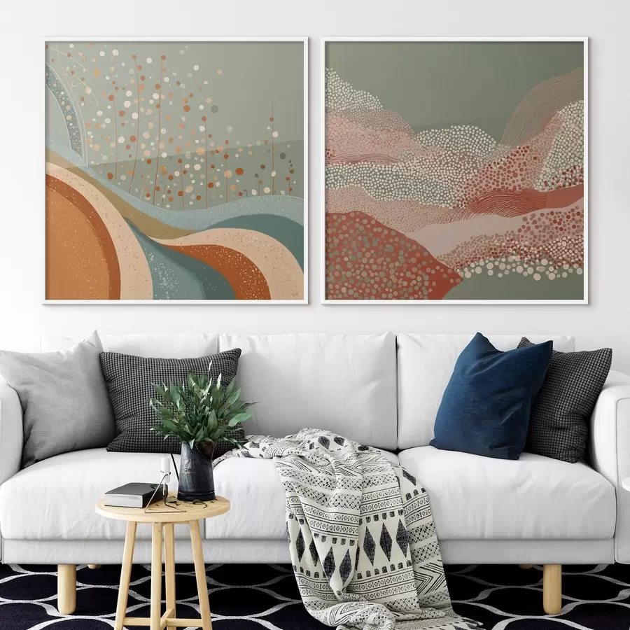 Papier peint photo Paysage abstrait en deux parties avec des éléments en pointillés et ondulés d00987