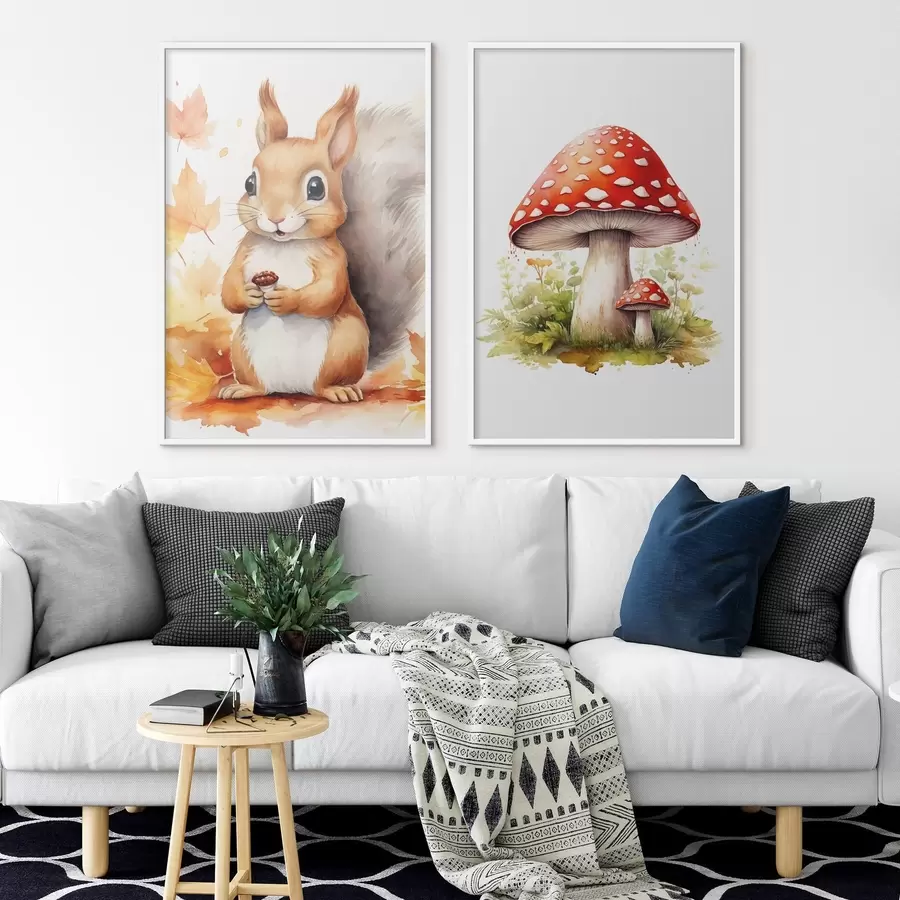Papier peint photo Écureuil et champignon des bois, amanite tue-mouche, imitation aquarelle d01049