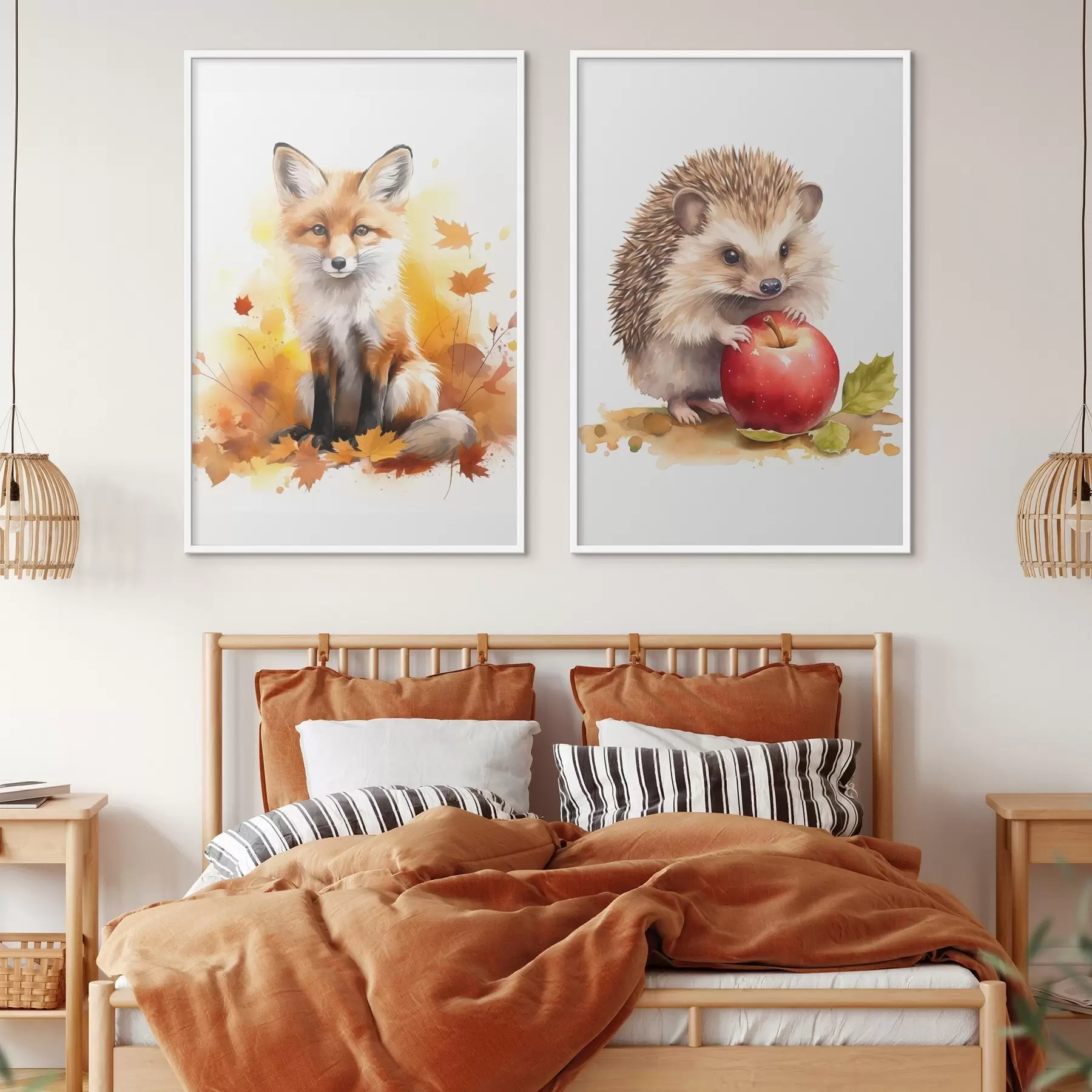 Papier peint photo Renard et hérisson, imitation aquarelle d01050