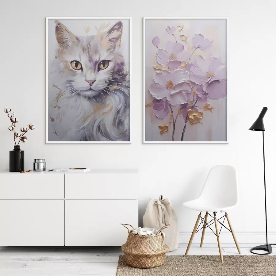 Papier peint photo Fleurs abstraites et un chat d01056