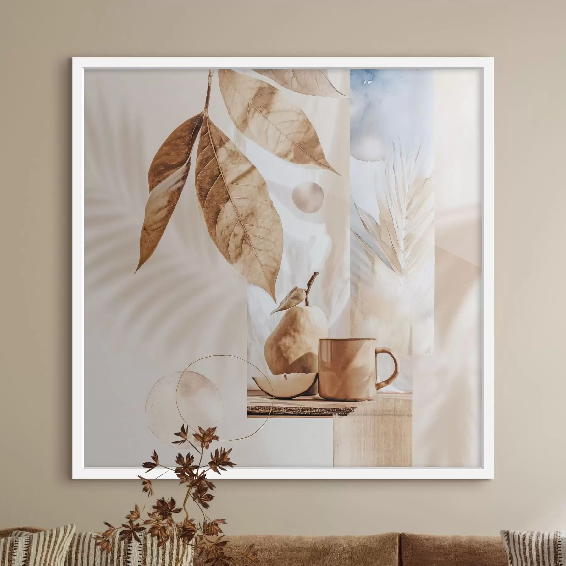 Papier peint photo Résumé avec feuilles, poire et tasse f47047