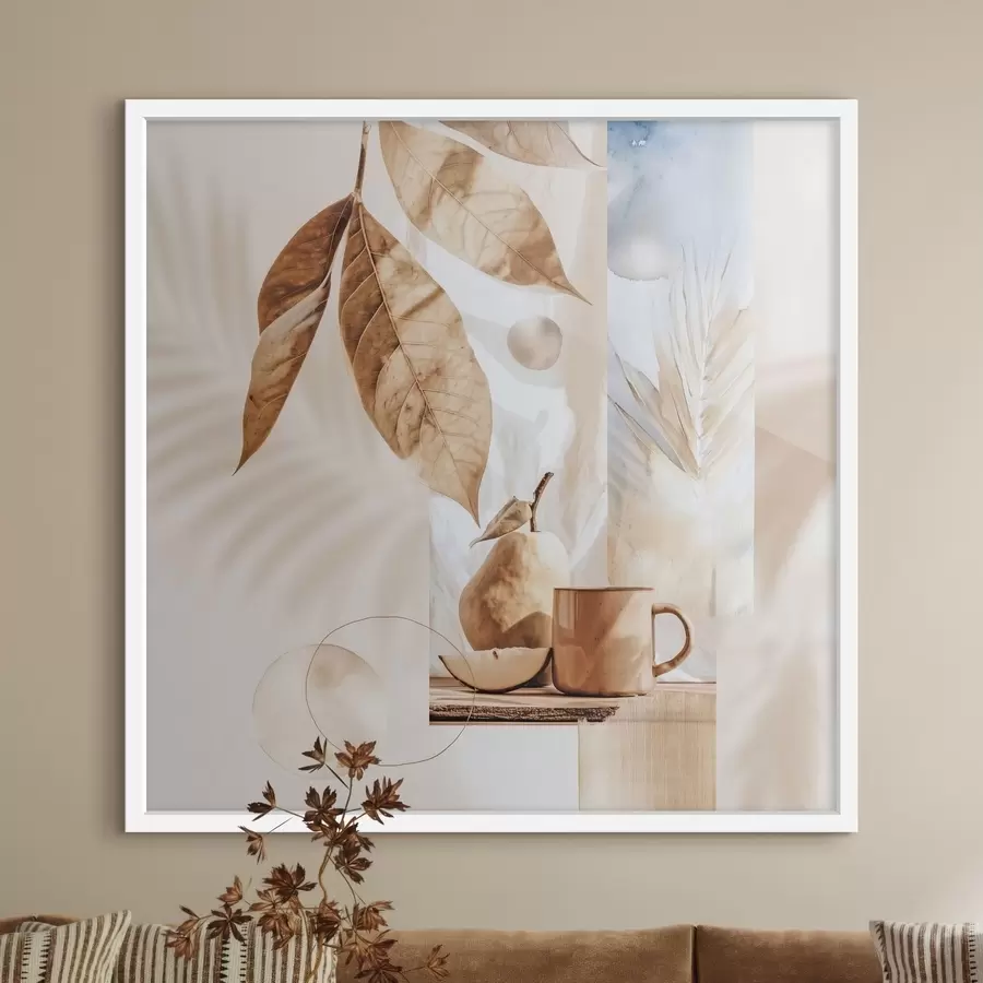 Papier peint photo Résumé avec feuilles, poire et tasse f47047