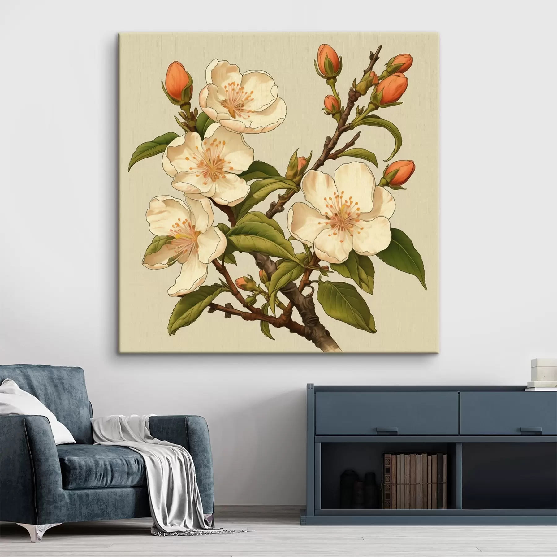  Peintures Branche fleurie avec des fleurs blanches sur fond beige dans le style d'une illustration classique s46923