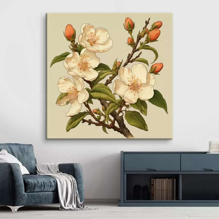  Peintures Branche fleurie avec des fleurs blanches sur fond beige dans le style d'une illustration classique s46923