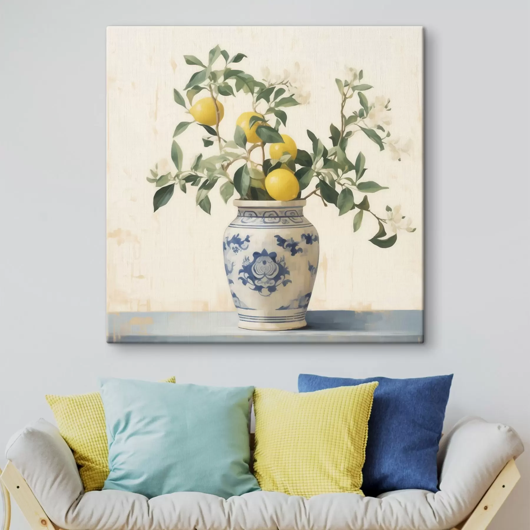  Peintures Citrons dans un vase en céramique bleu et blanc dans le style d'une peinture à l'huile s46924