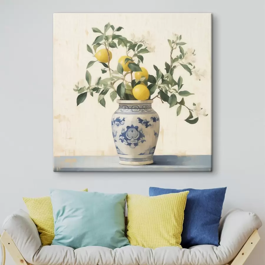  Peintures Citrons dans un vase en céramique bleu et blanc dans le style d'une peinture à l'huile s46924