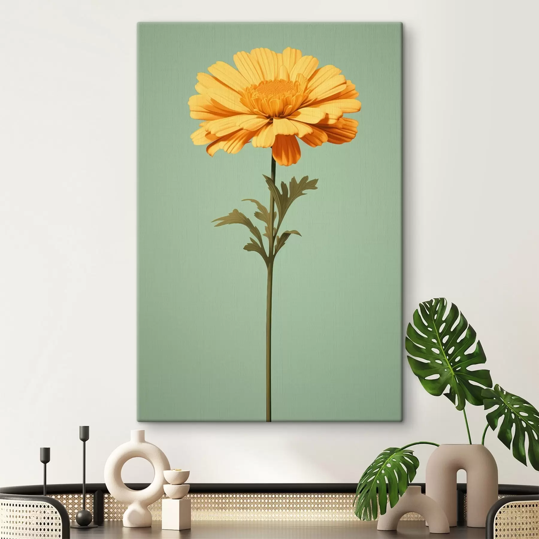  Peintures Calendula jaune sur fond menthe dans un style minimaliste s46926