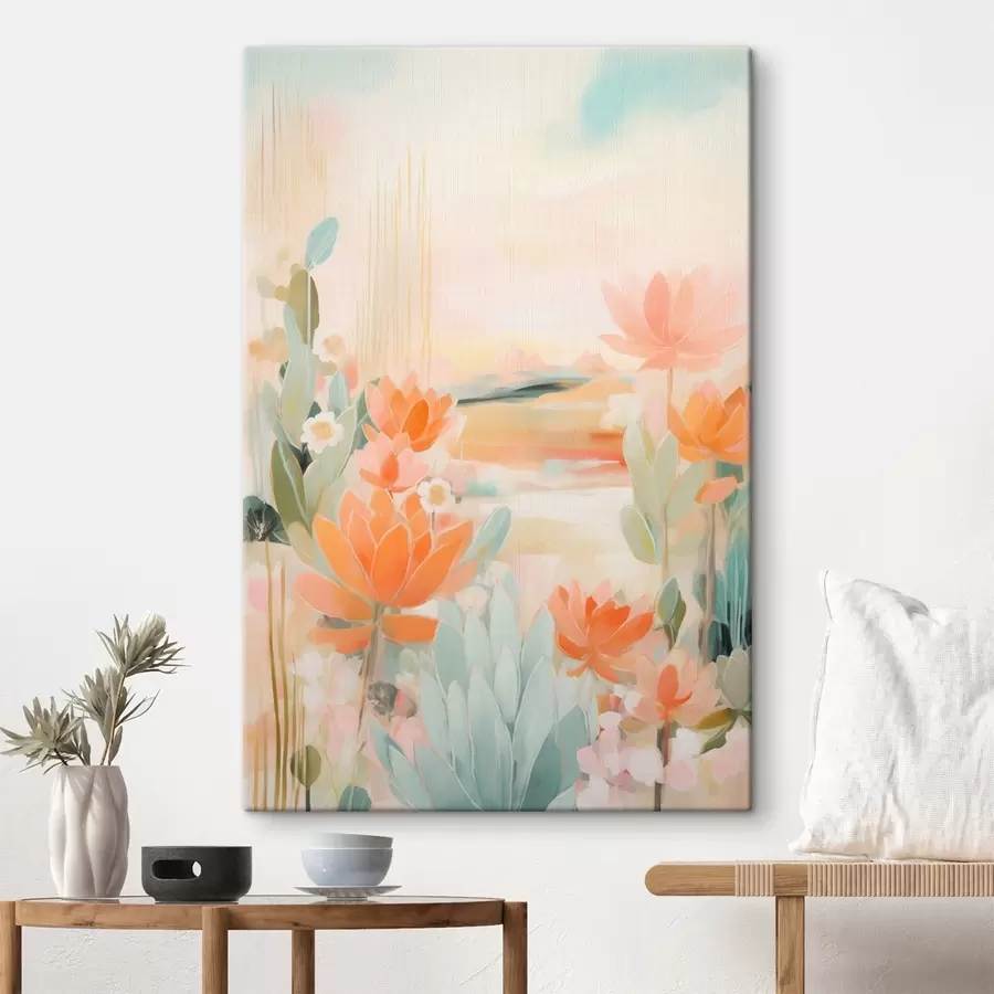  Peintures Paysage floral dans des tons roses et bleus dans un style pictural contemporain s46931