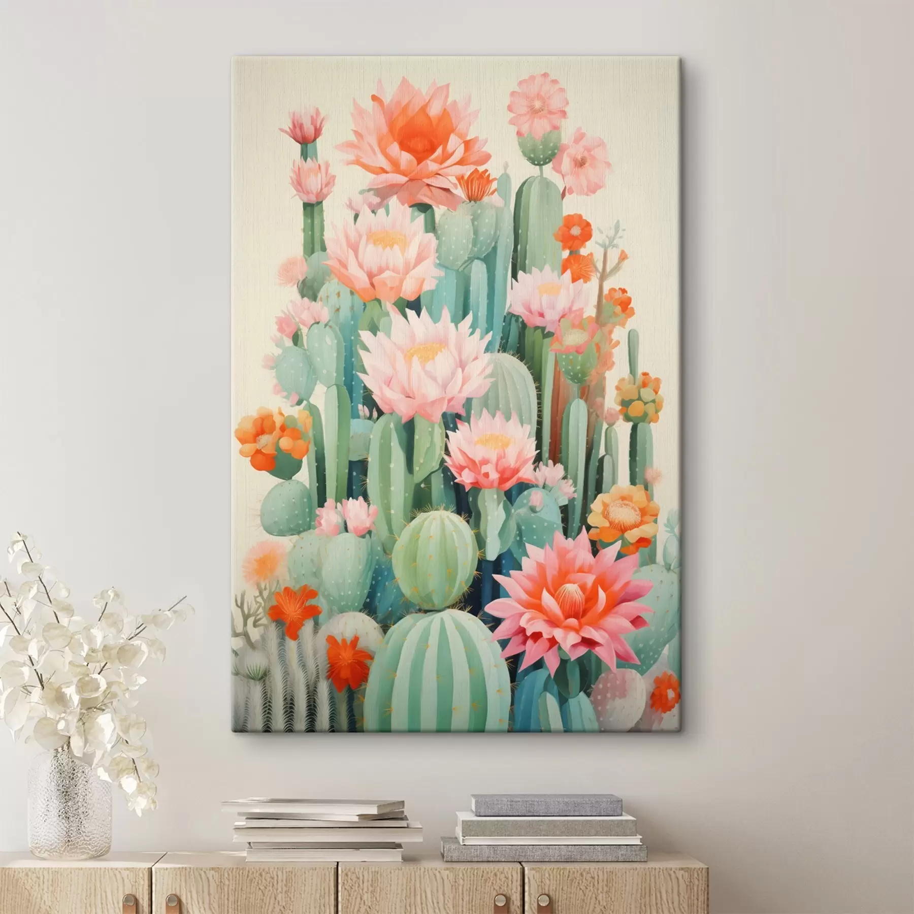  Peintures Cactus en fleurs roses et orange dans un style illustré s46934