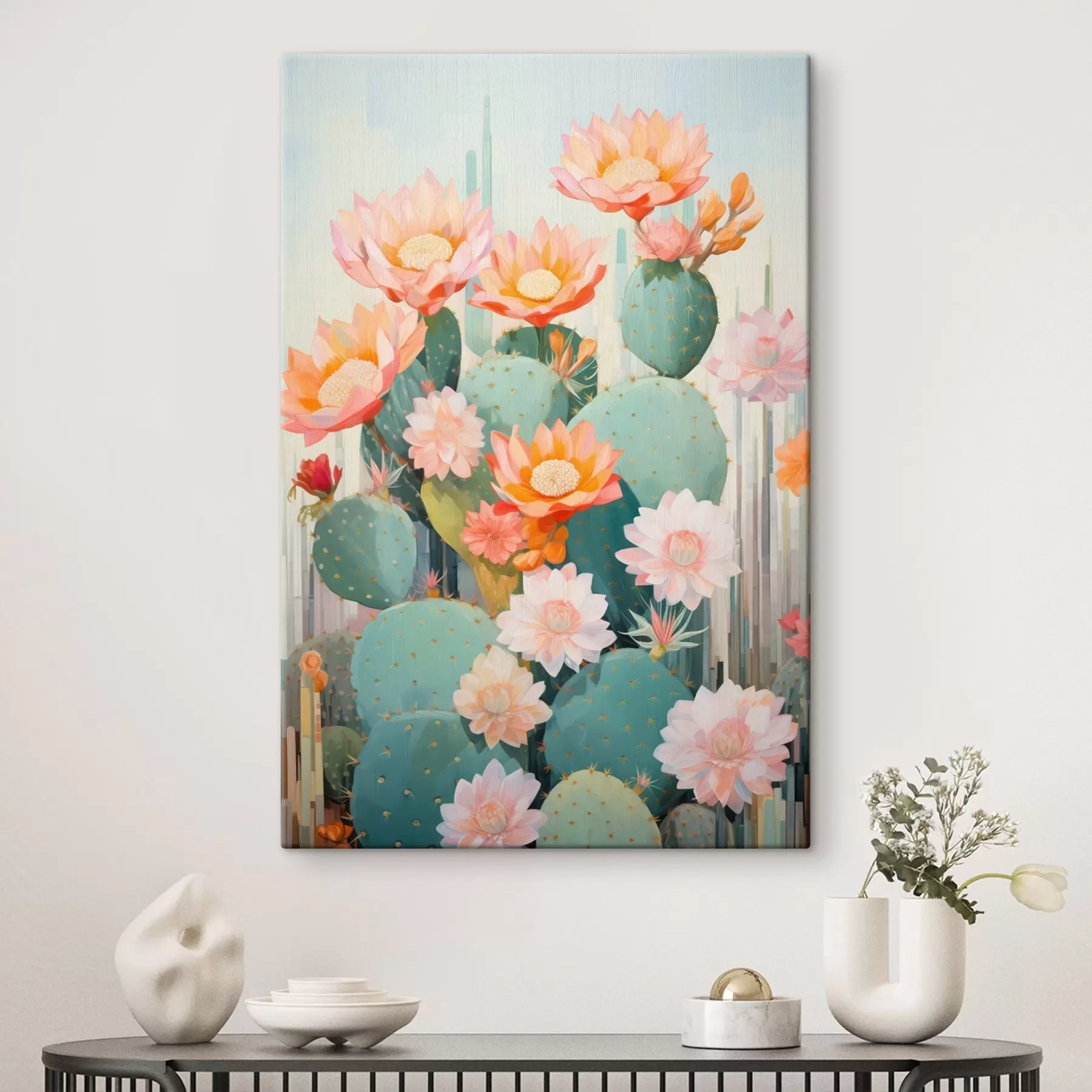  Schilderijen Cactusbloementuin in een zacht pastelpalet in illustratiestijl s46935