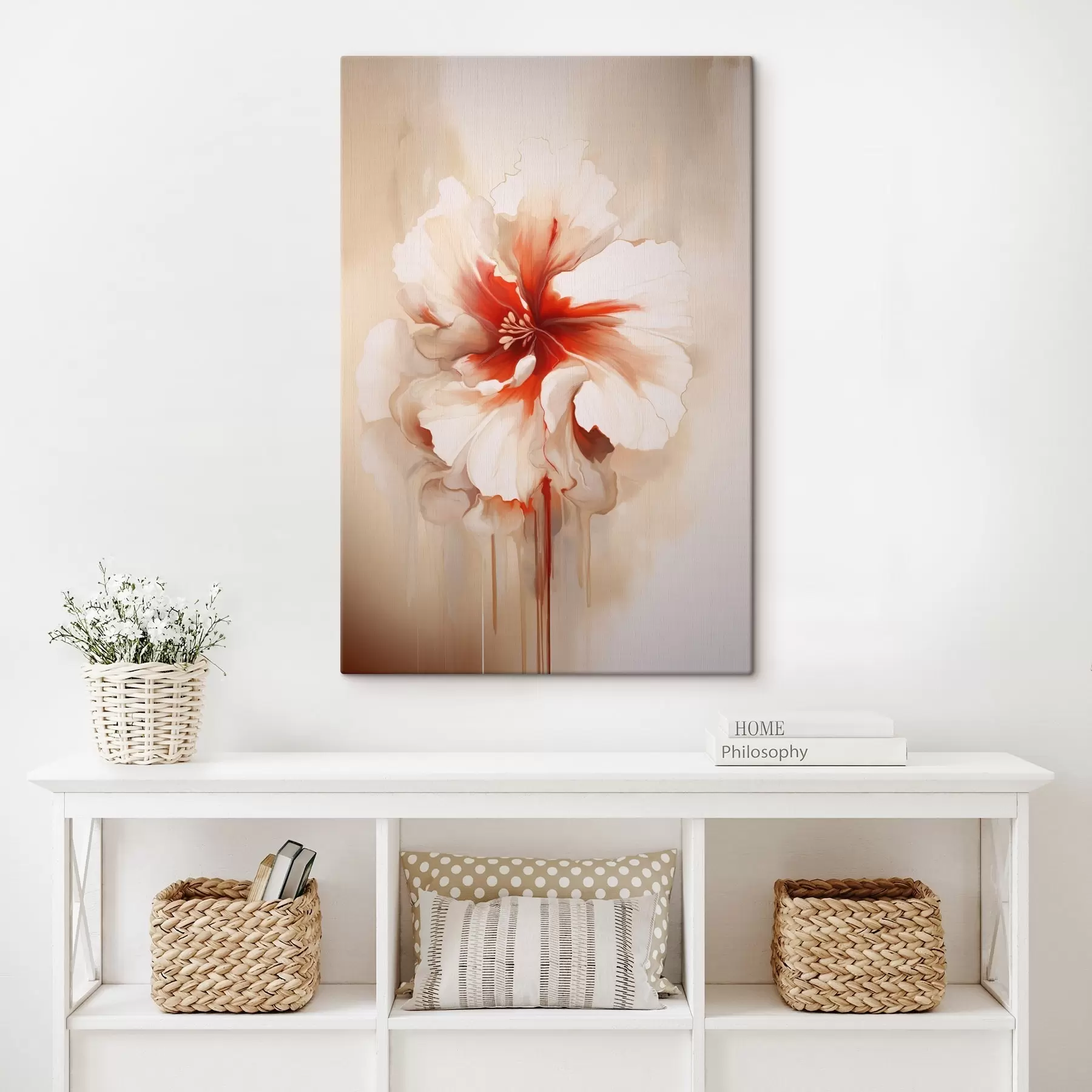  Schilderijen Witte en rode bloem met semi-transparante bloemblaadjes en vloeiende verfdruppels s46940