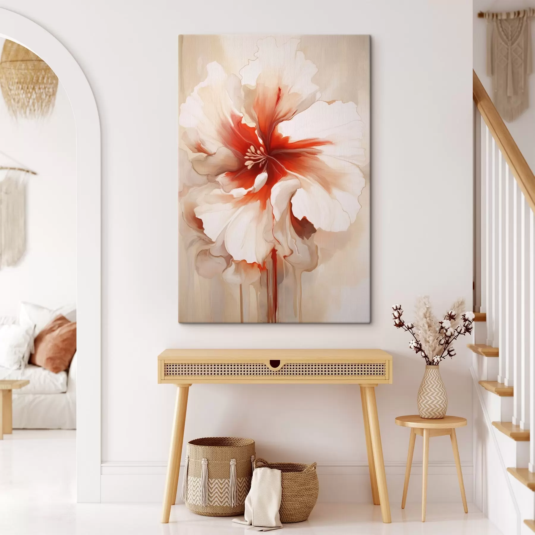  Peintures Gros plan d'une fleur blanche et rouge aux pétales semi-transparents et aux coulures de peinture fluides s46941