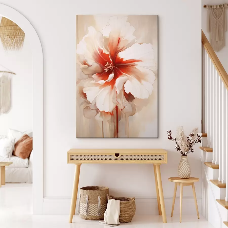  Peintures Gros plan d'une fleur blanche et rouge aux pétales semi-transparents et aux coulures de peinture fluides s46941