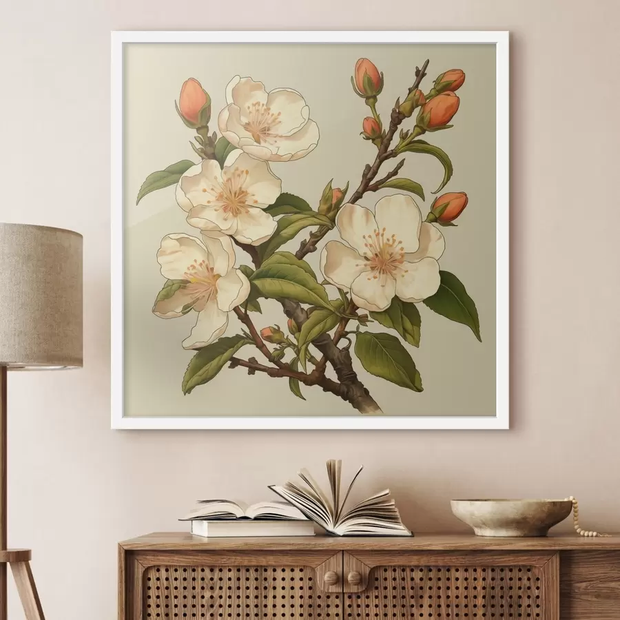 Papier peint photo Branche fleurie avec des fleurs blanches sur fond beige dans le style d'une illustration classique f46923