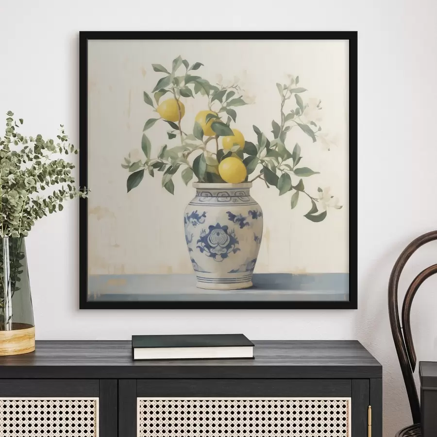 Fotobehang Citroenen in een blauw-witte keramische vaas in de stijl van een olieverfschilderij f46924