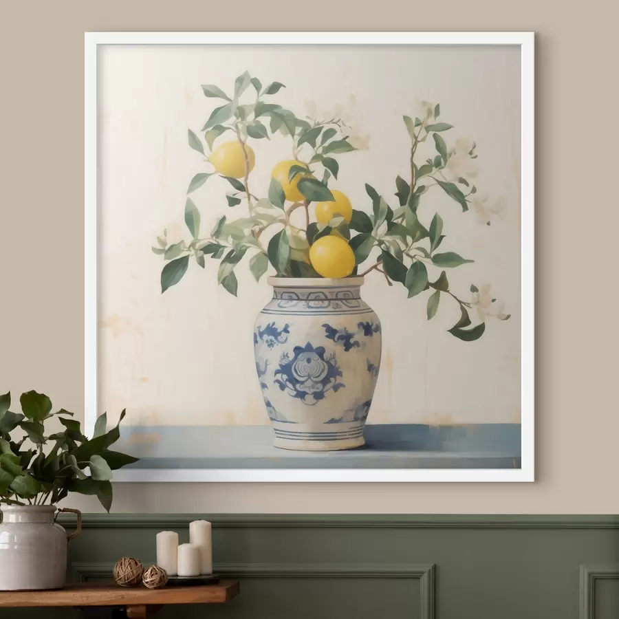Papier peint photo Citrons dans un vase en céramique bleu et blanc dans le style d'une peinture à l'huile f46924