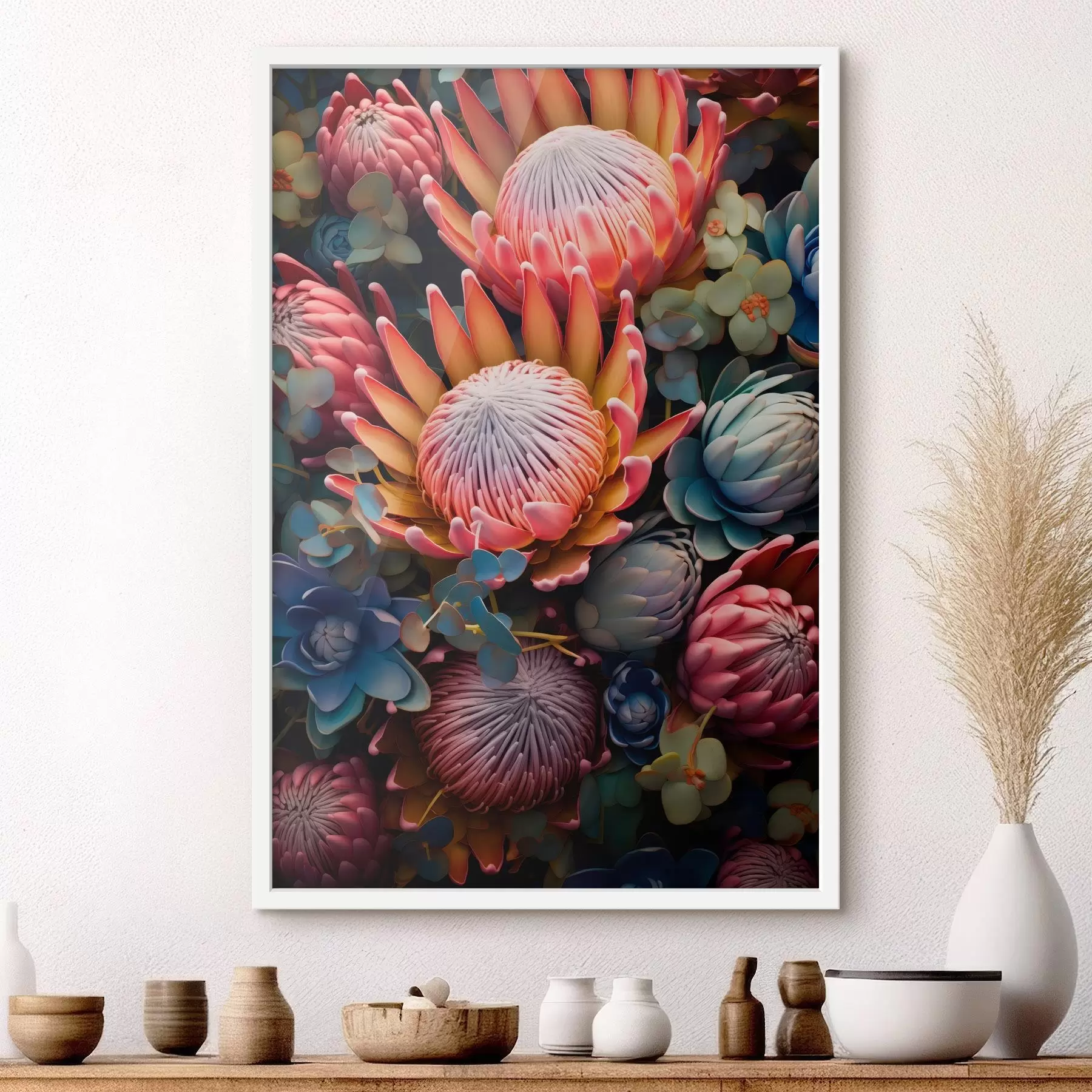 Fotobehang Samenstelling van protea's, eucalyptus en vetplanten in een fotorealistische digitale kunststijl f46925