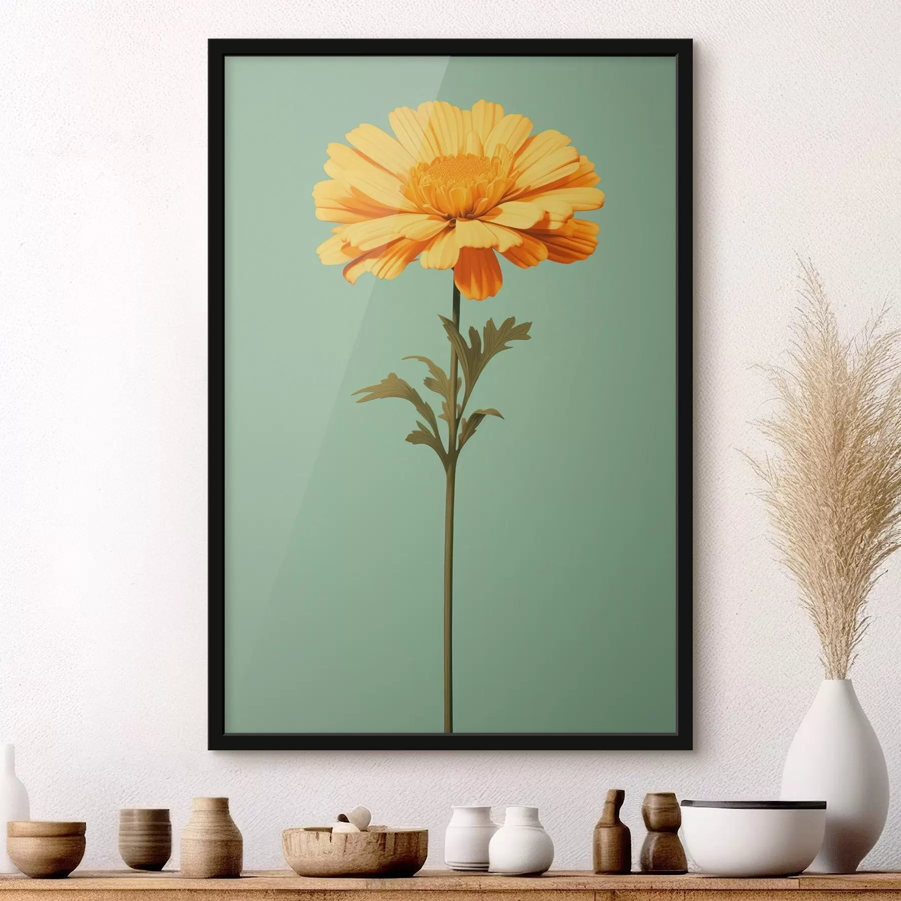 Papier peint photo Calendula jaune sur fond menthe dans un style minimaliste f46926