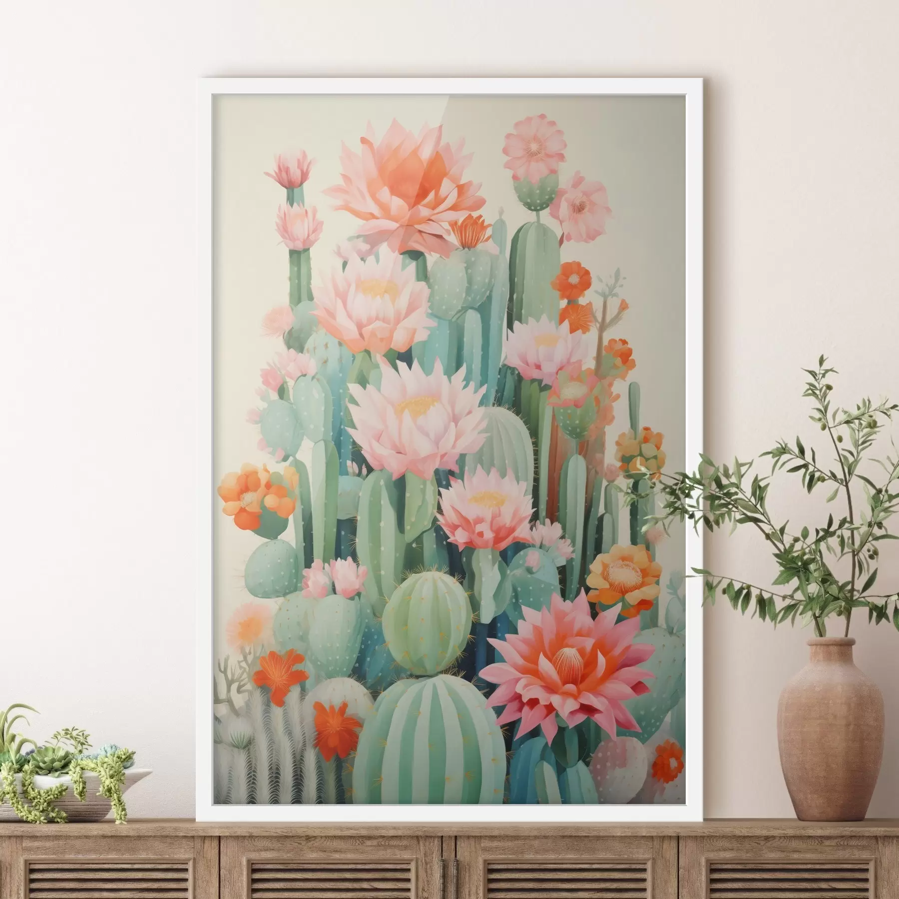Fotobehang Bloeiende cactussen met roze en oranje bloemen in illustratiestijl f46934