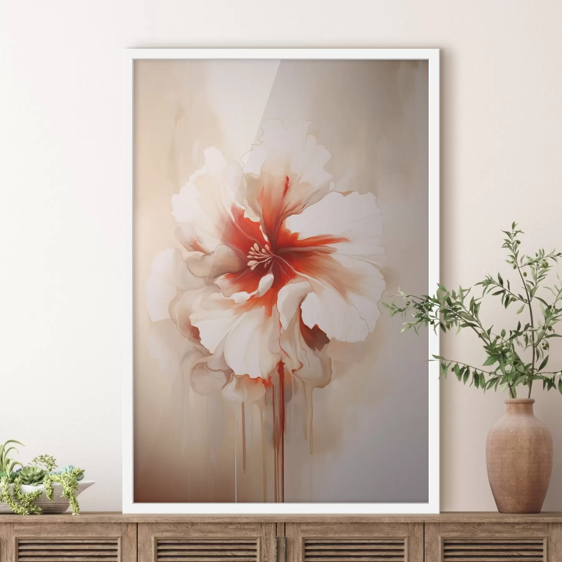 Papier peint photo Fleur blanche et rouge aux pétales semi-transparents et aux coulures de peinture fluides f46940