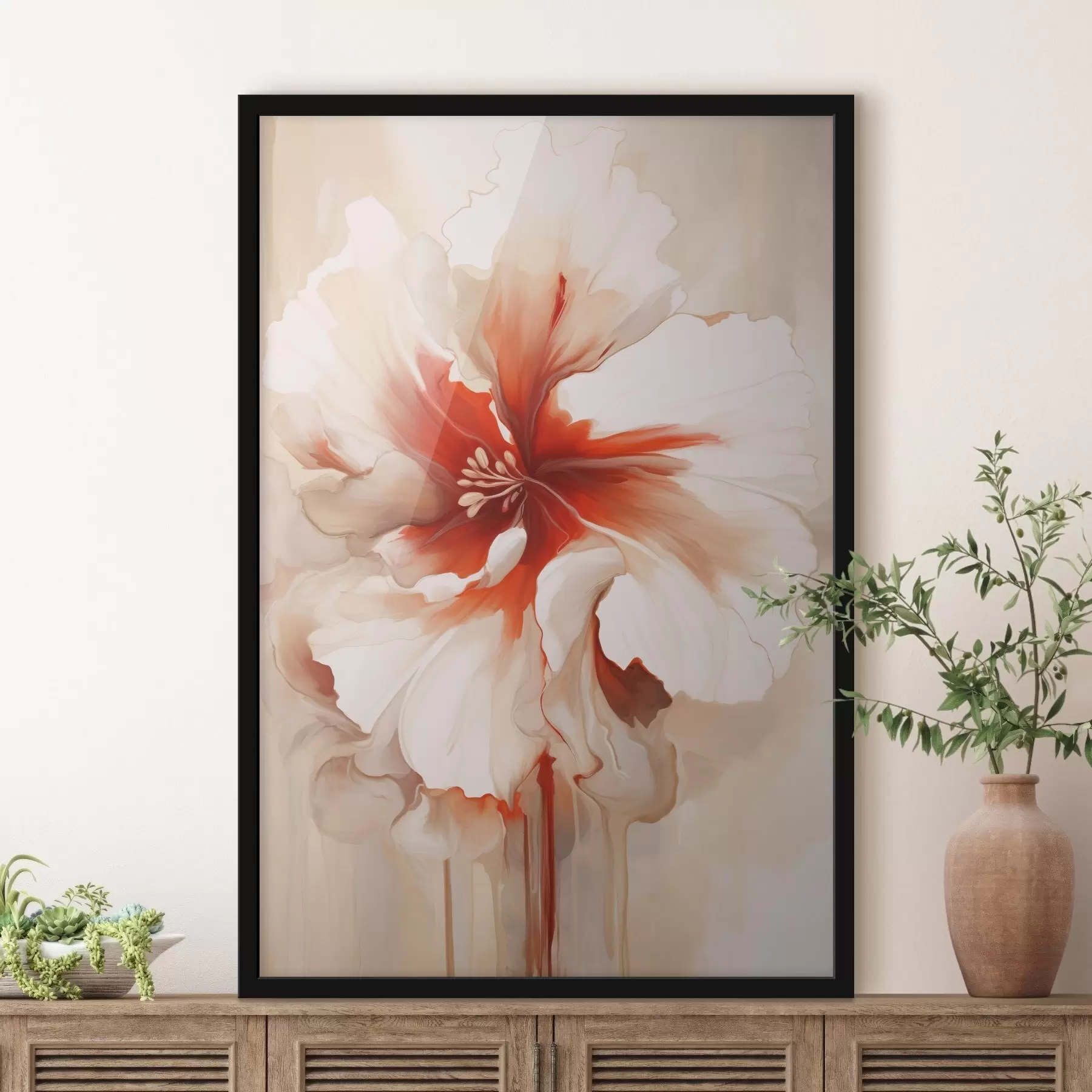 Fotobehang Close-up van een witte en rode bloem met semi-transparante bloemblaadjes en vloeiende verfdruppels f46941