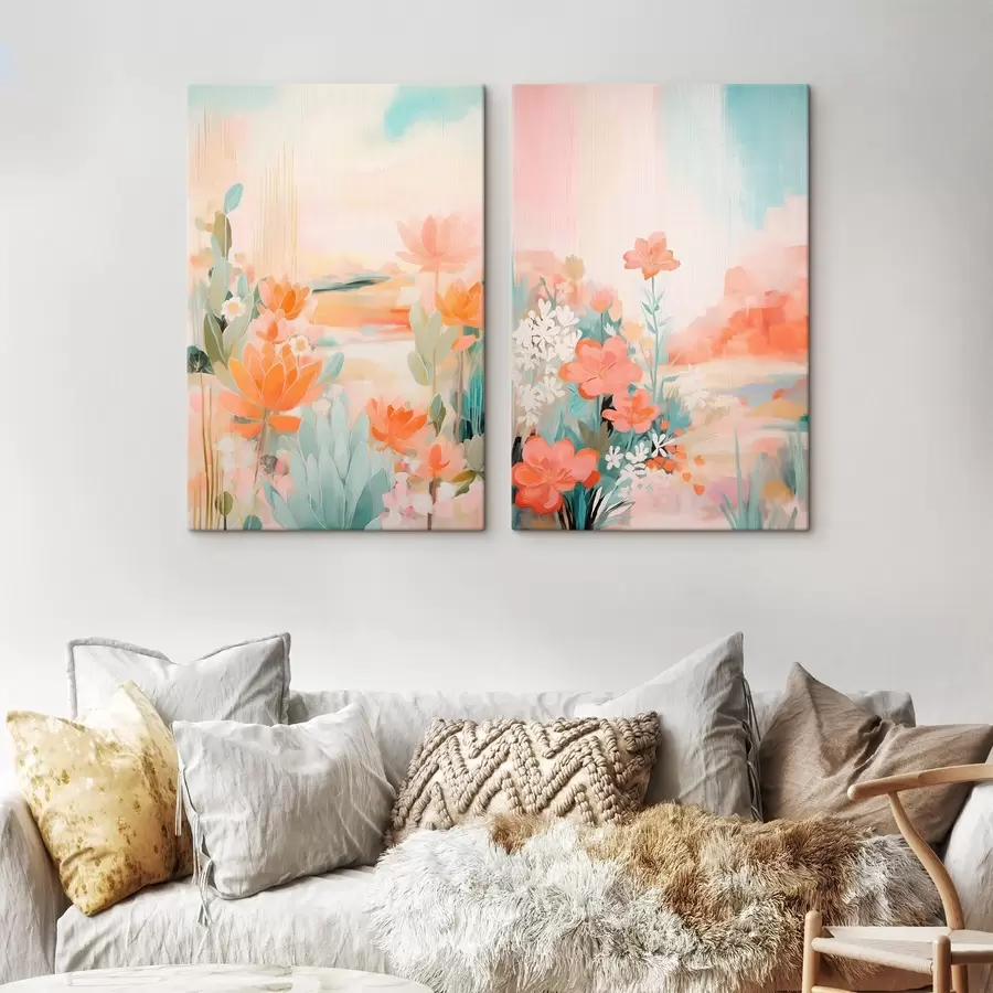  Peintures Motifs floraux aux tons pastel sur fond de vallée brumeuse et lumineuse m01085